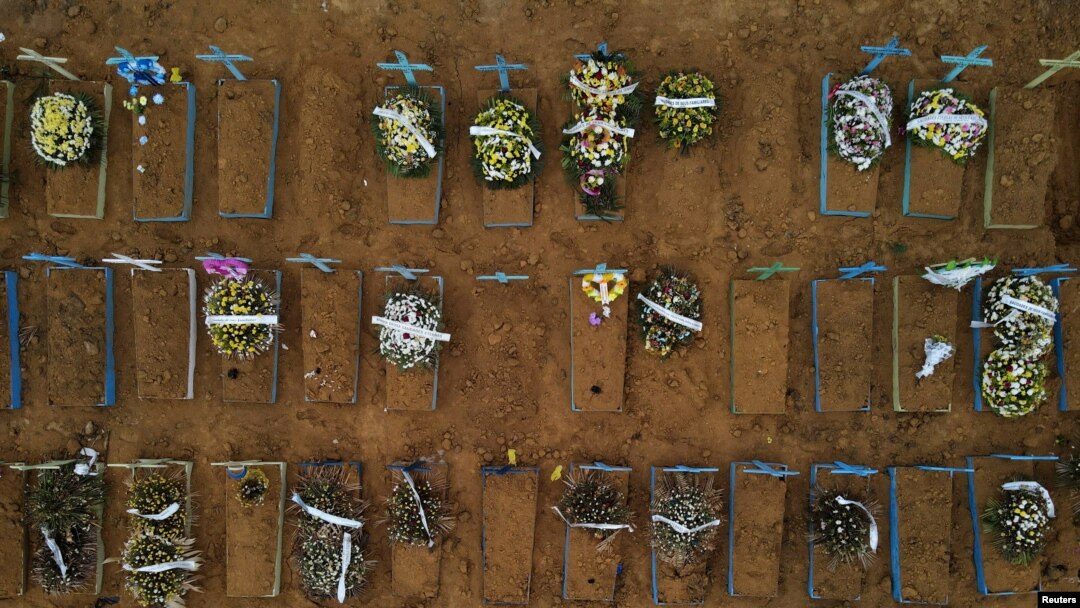 An aerial view of the Parque Taruma cemetery amid the coronavirus outbreak, in Manaus, Amazonas state, Brazil, Feb. 25, 2021. 