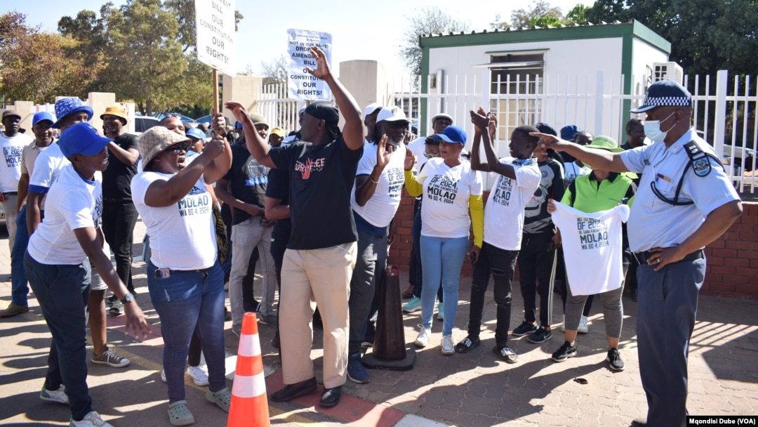 Protesters demonstrate against a bill that would have given the president sweeping powers to make government appointments, outside Botswana's National Assembly in Gaborone on Sept. 4, 2024.