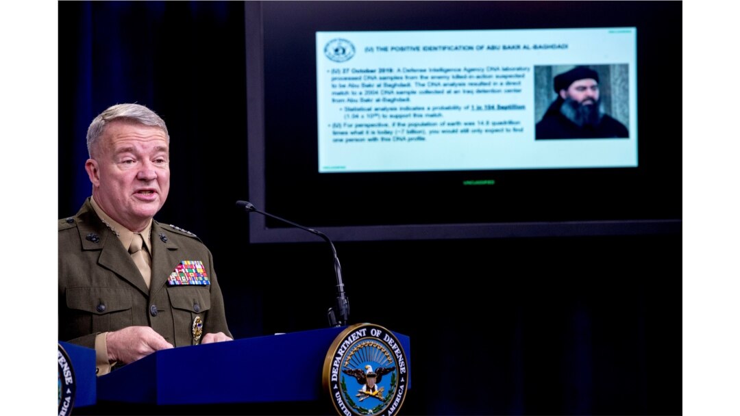 Positive identification information on Abu Bakr al-Baghdadi is displayed as U.S. Central Command Commander Marine Gen. Kenneth McKenzie speaks, Oct. 30, 2019, at a joint press briefing at the Pentagon in Washington.