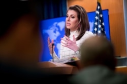 FILE - State Department spokesperson Morgan Ortagus speaks at a news conference at the State Department in Washington, June 17, 2019.