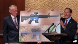 Sen. Edward Markey, D-Mass., (L), and Sen. Richard Blumenthal, D-Ct., display a photo of a plastic gun on July 31, 2018, on Capitol Hill in Washington. 
