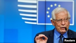 FILE - European Union foreign policy chief Josep Borrell speaks during a news conference after a meeting of EU foreign ministers at the European Council building, in Brussels, May 10, 2021. (Olivier Matthys/Pool via Reuters)