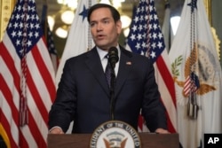 Secretary of State Marco Rubio speaks after being sworn in at the Eisenhower Executive Office Building, Jan. 21, 2025, in Washington.