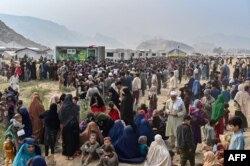 Pengungsi Afghanistan berkumpul di sekitar van Otoritas Database dan Registrasi Nasional (NADRA) untuk verifikasi biometrik saat mereka bersiap berangkat ke Afghanistan, di pusat penampungan di Landi Kotal, 1 November 2023. (Farooq Naeem / AFP)