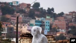 A state department health worker stands in full protective gear while recovering the body of a street vendor who was found at dawn by his neighbors in the Cerro San Miguel neighborhood of Cochabamba, Bolivia, July 25, 2020.