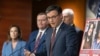 U.S. Speaker of the House Mike Johnson, right, speaks during a news conference at the Capitol in Washington with, from left to right, House Republican Conference Chairwoman Lisa McClain, Representative Tim Moore and House Majority Leader Steve Scalise, Feb. 25, 2025.