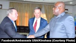 Ntoma to ambassadeur ya Etats-Unis, Mike Hammer (G), elongo na mokambi ya USAID Mark Green (C), na bokutani na mokonzi ya mboka Félix Tshisekedi, na Cité ya union Africaine, Kinshasa, 19 août 2019. (Facebook/Ambassade USA/Kinshasa)