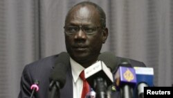 South Sudanese information minister, Michael Makue attends a press conference in Addis Ababa, Ethiopia, Jan. 5, 2014.