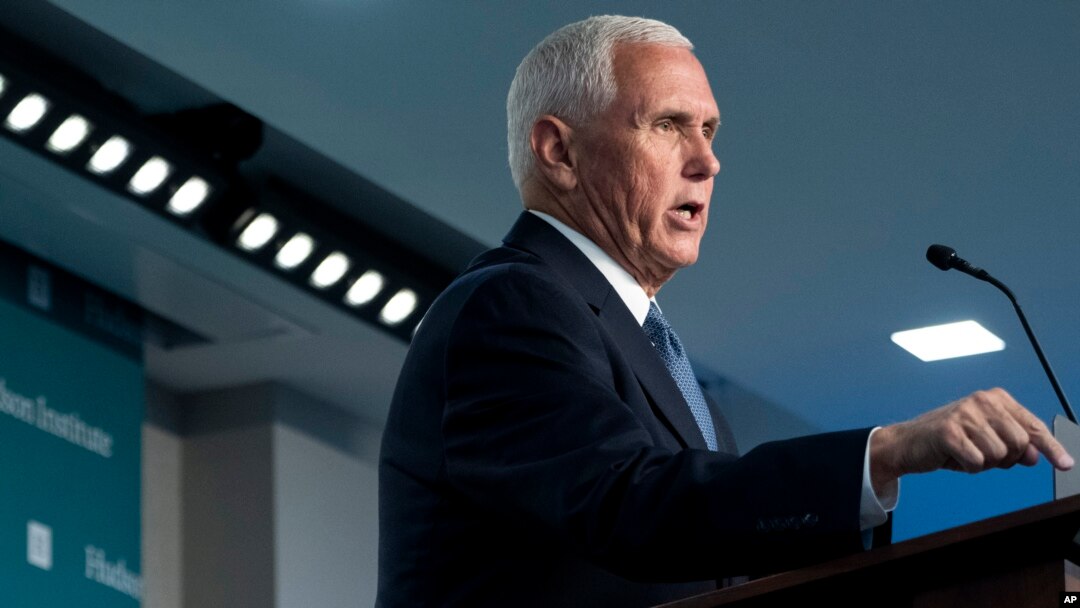美国前副总统迈克·彭斯（Mike Pence）2023年9月18日在华盛顿保守派智库哈德逊研究所发表演说。（美联社）