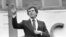 FILE - Then-Democratic presidential hopeful, U.S. Senator Gary Hart, waves goodbye, to a crowd of supporters in Springfield, Illinois, March 15, 1984. In 1988, Hart was considered a front-runner for the Democratic presidential nomination but a report alleging that he had an affair with model Donna Rice brought him down.