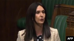 FILE - Scottish National Party MP Margaret Ferrier speaks in the House of Commons in London, Sept. 28, 2020, in this video grab from footage broadcast by the UK Parliament's Parliamentary Recording Unit.