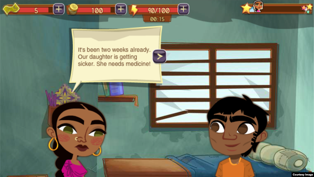 Sebuah adegan dari permainan di Facebook, Half the Sky Movement: The Game, yang mendorong pemberdayaan perempuan dan kesehatan keluarga. (Courtesy: Games for Change)