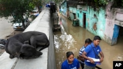 Voluntarios evalúan los daños de inundaciones causadas por lluvias torrenciales en Nueva Delhi, India, el 11 de julio de 2023.