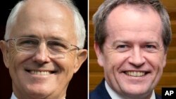FILE - This combination of file photos from April 15, 2016, and July 8, 2014, shows Australian Prime Minister Malcolm Turnbull, left, and Australian opposition leader Bill Shorten. 