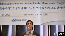 UN Human Rights officer Daniel Collinge speaks during a press conference held to release a report on the abuse against women detained in the Democratic People’s Republic of Korea, Seoul on July 28, 2020.