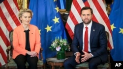 United States Vice President JD Vance, right, meets with European Commission President Ursula von der Leyen during a bilateral meeting on the sidelines of the Artificial Intelligence Action Summit in Paris, Feb. 11, 2025.