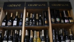 Bottles Champagne are for sale at a wine dealer shop in Ville d'Avray, outside Paris, France, as President Donald Trump threatened a 200% tariff on European wine, Champagne and spirits if the European Union goes forward with a planned tariff on American whiskey, March 13, 2025.