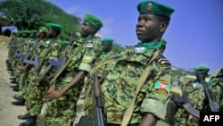 African Union (AMISOM) soldiers from Burundi stand to attention in Mogadishu 