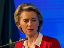FILE - European Commission President Ursula von der Leyen speaks in Ankara, Turkey, April 6, 2021.