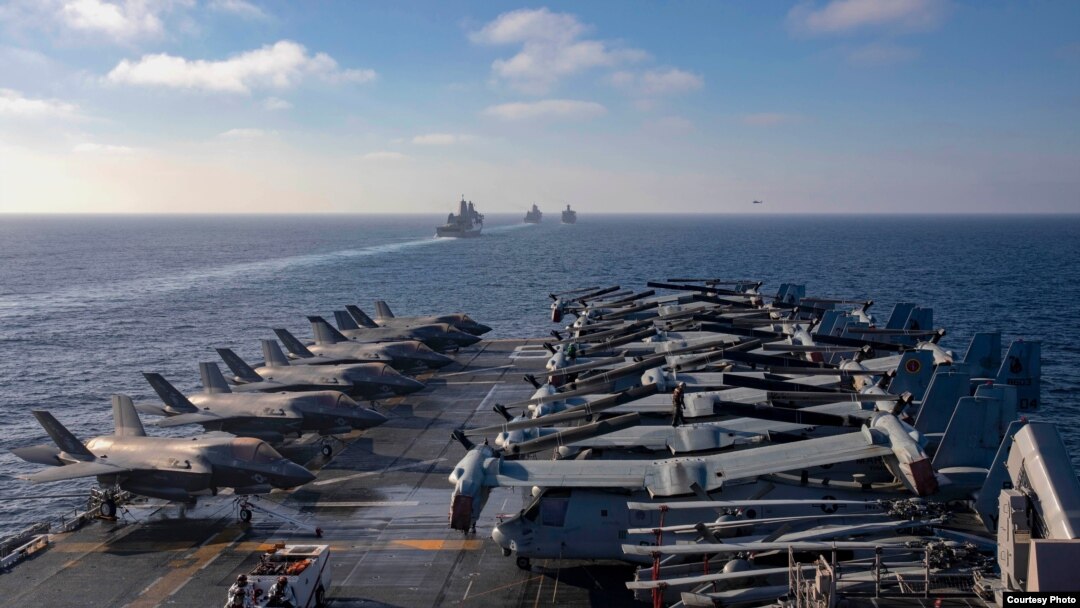 The Makin Island Amphibious Readiness Group prepares for a replenishment-at-sea, Oct. 30, 2020. (Photo courtesy of the US Navy) 