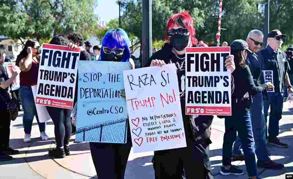 Activists in Los Angeles, California, protest President Donald Trump&#39;s plans for large deportations and border enforcement on the day he is inaugurated, Jan. 20, 2025.