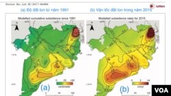 Biểu đồ độ lún và vận tốc đất lún trong 25 năm tại Đồng Bằng Sông Cửu Long. [nguồn: Environ.Res.Lett. 12 (2017) với ghi chú của KS Phạm Phan Long, Viet Ecology Foundation]. Hiện nay, rất nhiều giếng tầng nông và bơm bằng tay đều bị nhiễm mặn nhiễm phèn, nước giếng không còn dùng được, và nay người nông dân phải khoan sâu 400-500m để tìm được nguồn nước ngọt, mặt bằng ĐBSCL đang bị sụt lún nhanh chóng vì các tầng nước ngầm đang bị tận cùng khai thác.