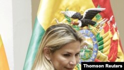 La presidenta interina de Bolivia, Jeanine Áñez, durante un acto celebrado a comienzos de septiembre en el palacio presidencial, en La Paz.