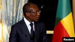 French President Emmanuel Macron and President Patrice Talon of Benin hold a joint press conference after a meeting at the Elysee Palace in Paris, France, March 5, 2018. 