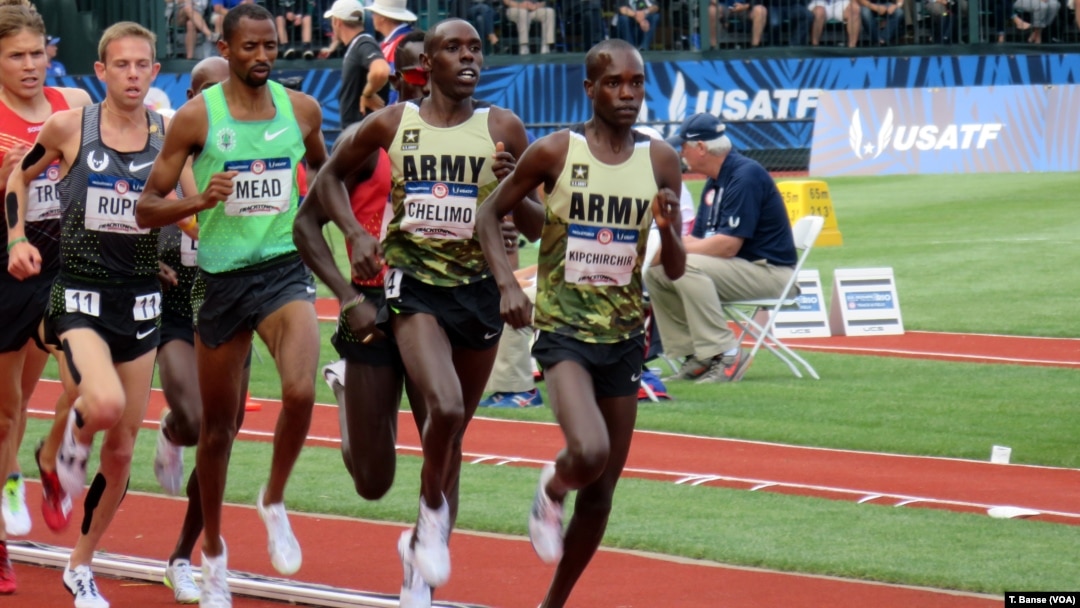 U.S. Army soldier-athletes Shadrack Kipchirchir and Paul Chelimo competing in the 5,000-meters at the 2016 U.S. Olympic Track and Field Team Trials on July 9. Spc. Chelimo punched his ticket to the Rio Olympics in this race.