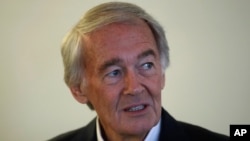 FILE - U.S. Sen. Edward Markey, D-Mass., speaks during a news conference in Boston, Aug. 26, 2019. 