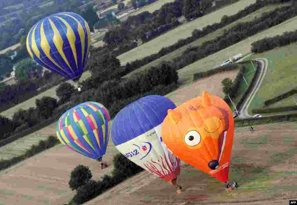 Hot air balloons land during the 40th French Hot Air Balloon Championship in Sable-sur-Sarthe, western France.