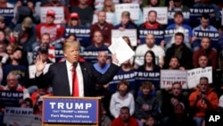 Republican presidential candidate Donald Trump speaks during a campaign stop at the Allen County War Memorial Coliseum, May 1, 2016, in Fort Wayne, Ind. 