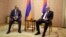 Armenia's Prime Minister Nikol Pashinian, left, and President Bako Sahakyan of the separatist Nagorno-Karabakh region are seen during their meeting in the capital Stepanakert, May 9, 2018. Nagorno-Karabakh, part of Azerbaijan has been under the control of local ethnic Armenian forces and the Armenian military since a war ended in 1994 with no resolution of the region's status.