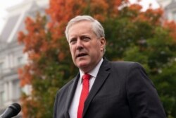FILE - Then-White House Chief of Staff Mark Meadows speaks with reporters at the White House, Oct. 21, 2020, in Washington.
