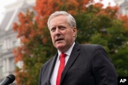 FILE - Then-White House Chief of Staff Mark Meadows speaks with reporters at the White House, Oct. 21, 2020, in Washington.