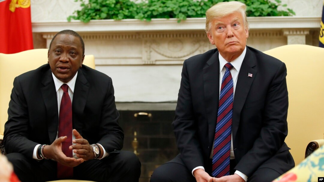 President Donald Trump sits with Kenyan President Uhuru Kenyatta in the White House, Aug. 27, 2018. 