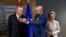 EU Council President Charles Michel, center, and European Commission President Ursula von der Leyen, right, welcome Turkish President Tayyip Erdogan before their meeting at the EU headquarters in Brussels, Belgium, March 9, 2020. 