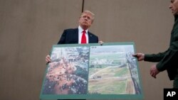 El presidente Donald Trump habla con periodistas tras recibir un informe sobre los prototipos de muro que quiere colocar en la frontera con México. San Diego, California, Marzo 13, 2018.