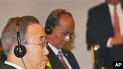 U.N. Secretary-General Ban Ki-moon (L) sits listening next to Burma's PM Thein Sein (C-Rear) at the ASEAN-U.N. summit on the sidelines of the 17th summit of the Association of Southeast Asian Nations in Hanoi, 29 Oct 2010