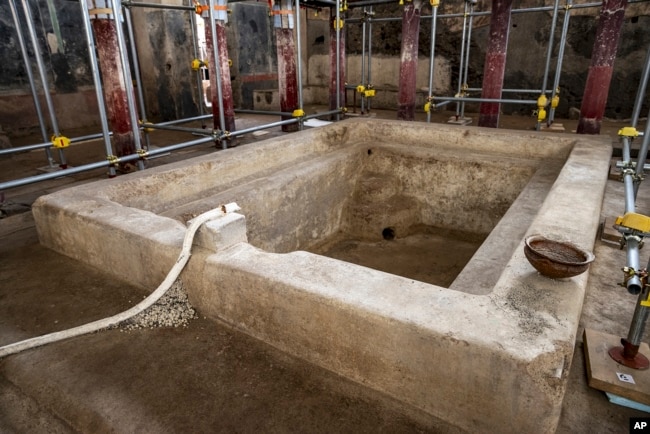 A picture released by the Pompeii Archeological Park Press Office, Friday, January 17, 2025, showing a private bathhouse recently discovered in the Pompeii archeological site. (Archeological Park of Pompeii Press Office Via AP, HO)