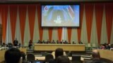 South Sudan President Salva Kiir (on screen) addresses via video teleconferencing a high-level meeting on his country, held on the margins of the general debate of the U.N. General Assembly’s 70th session.