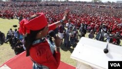 In good times ... Elizabeth, wife of Prime Minister Morgan Tsvangirai, addressing party supporters at White City Stadium in Bulawayo. (File Photo)