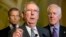 Senate Majority Leader Mitch McConnell of Ky., center, accompanied by Sen. John Thune, R-S.D., left, and Senate Majority Whip John Cornyn of Texas, speak during a news conference on Capitol Hill in Washington, Nov. 17, 2015. The Republican-led Senate is preparing to vote against the centerpieces of President Barack Obama’s environmental agenda.