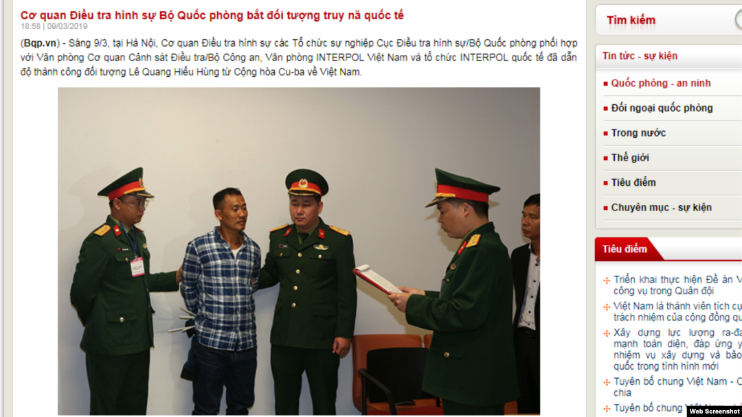 Cổng Thông tin Bộ Quốc phòng Việt Nam loan tin bắt giam và di lý ông Lê Quang Hiếu Hùng hôm 9/3/2019. Photo Bộ Quốc phòng.