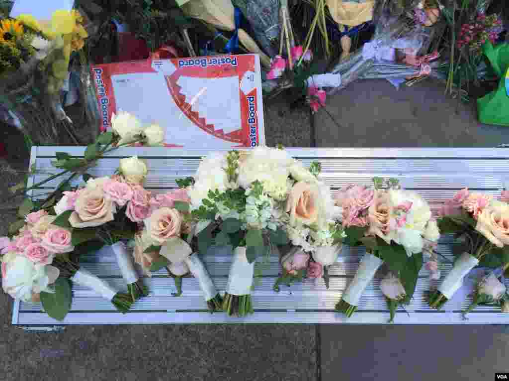 Wedding party bouquets left outside the Emanuel AME Church in Charleston, South Carolina, June 20, 2015. (Amanda Scott/VOA)