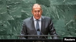 Russia's Foreign Minister Sergey Lavrov addresses the 76th session of the U.N. General Assembly in New York, Sept. 25, 2021.