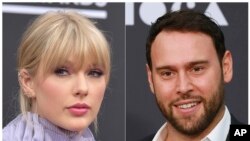 This combination photo shows Taylor Swift at the Billboard Music Awards at the MGM Grand Garden Arena in Las Vegas on May 1, 2019, left, and Scooter Braun at the 2019 MOCA benefit in Los Angeles on May 18, 2019. 