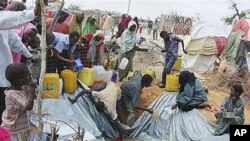 Refugees from southern Somalia fill receptacles with rain water, at a refugee camp in Mogadishu, Somalia, September 5, 2011.