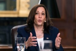 Vice President Kamala Harris speaks during a meeting in the Vice President's Ceremonial Office at the Eisenhower Executive Office Building on the White House complex, May 19, 2021.