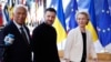 From left, European Council President Antonio Costa, Ukraine's President Volodymyr Zelenskyy and European Commission President Ursula von der Leyen arrive for an EU Summit at the European Council building in Brussels, March 6, 2025.